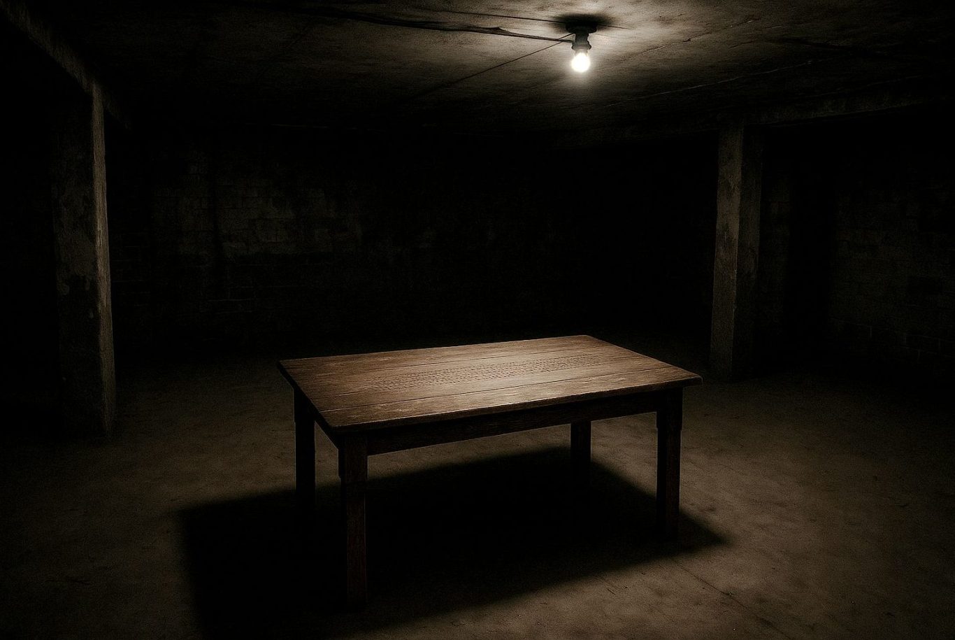 The room was large and unfurnished, except for a table in the middle